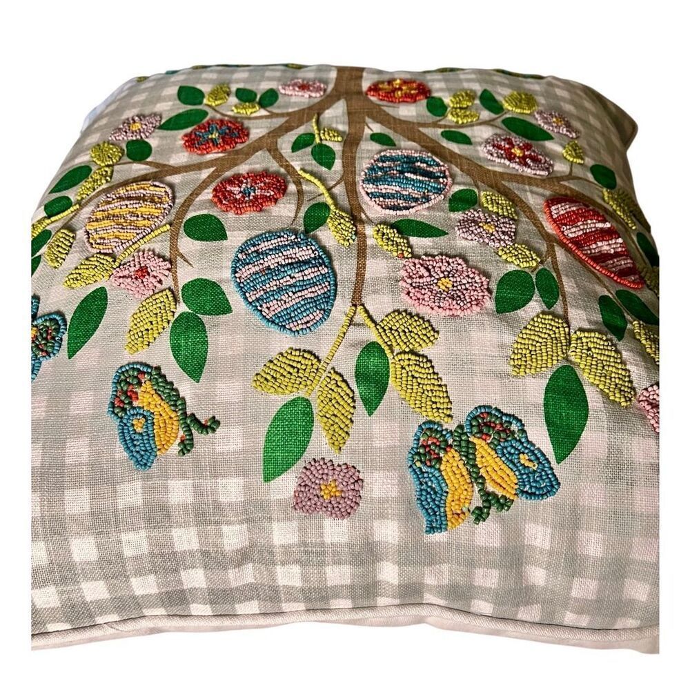 Lacourte 20″ x 20″ Easter Egg Tree Beaded Decorative Pillow, Green Gingham Print - Picture 2 of 10